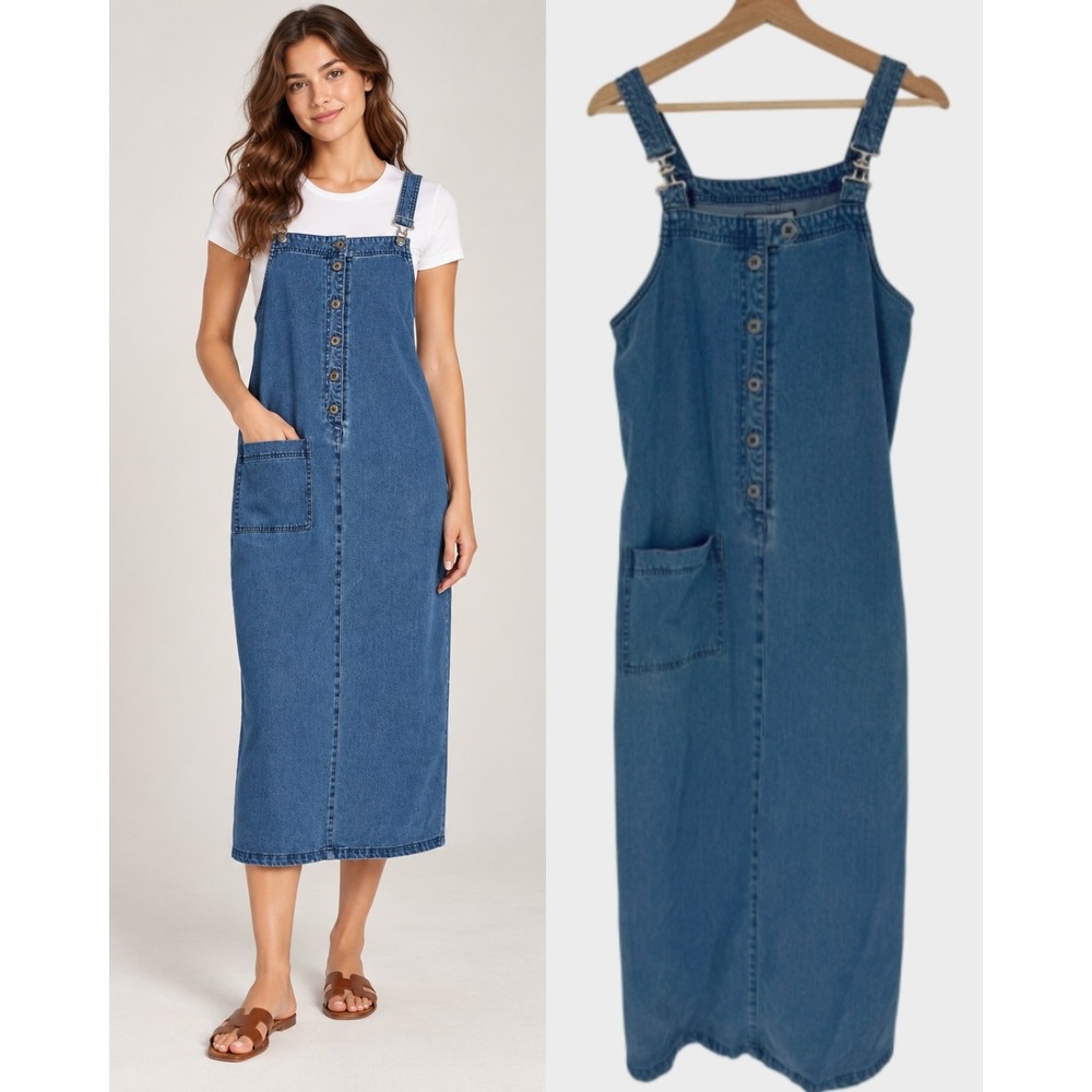Vintage 90s Denim Pinafore Maxi Dress M Cotton Overalls Cottagecore Boho Indie